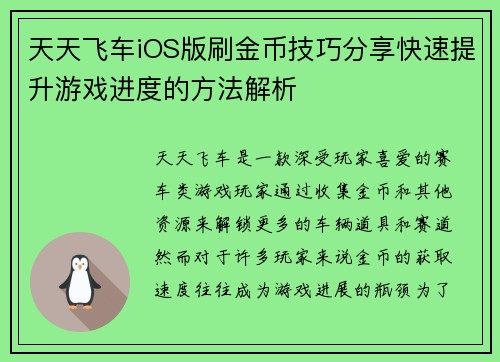 天天飞车iOS版刷金币技巧分享快速提升游戏进度的方法解析